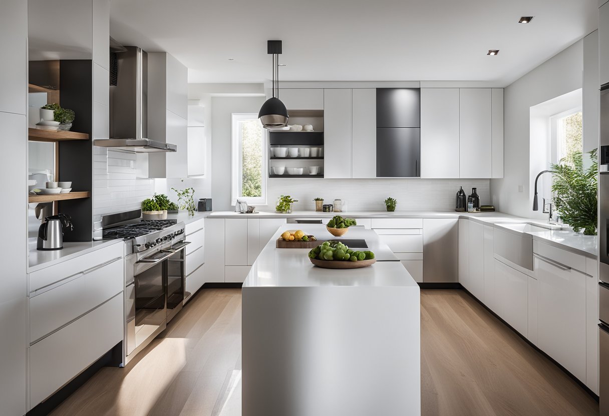 A modern kitchen with sleek lines and minimalist design. Clean, white cabinets and countertops with pops of color. A large window allows natural light to flood the space