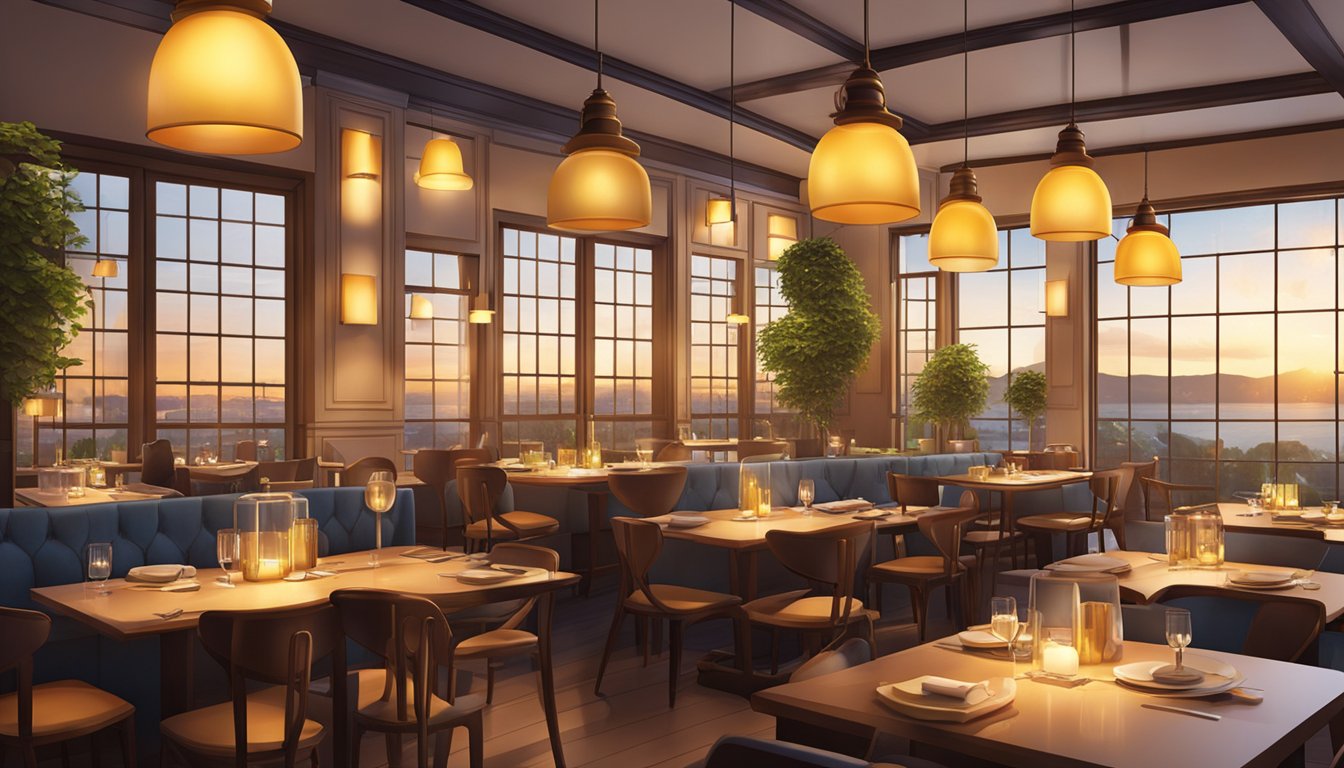 The warm glow of pendant lights illuminates the elegant interior of Cahaya restaurant, casting a soft ambiance over the tables and chairs