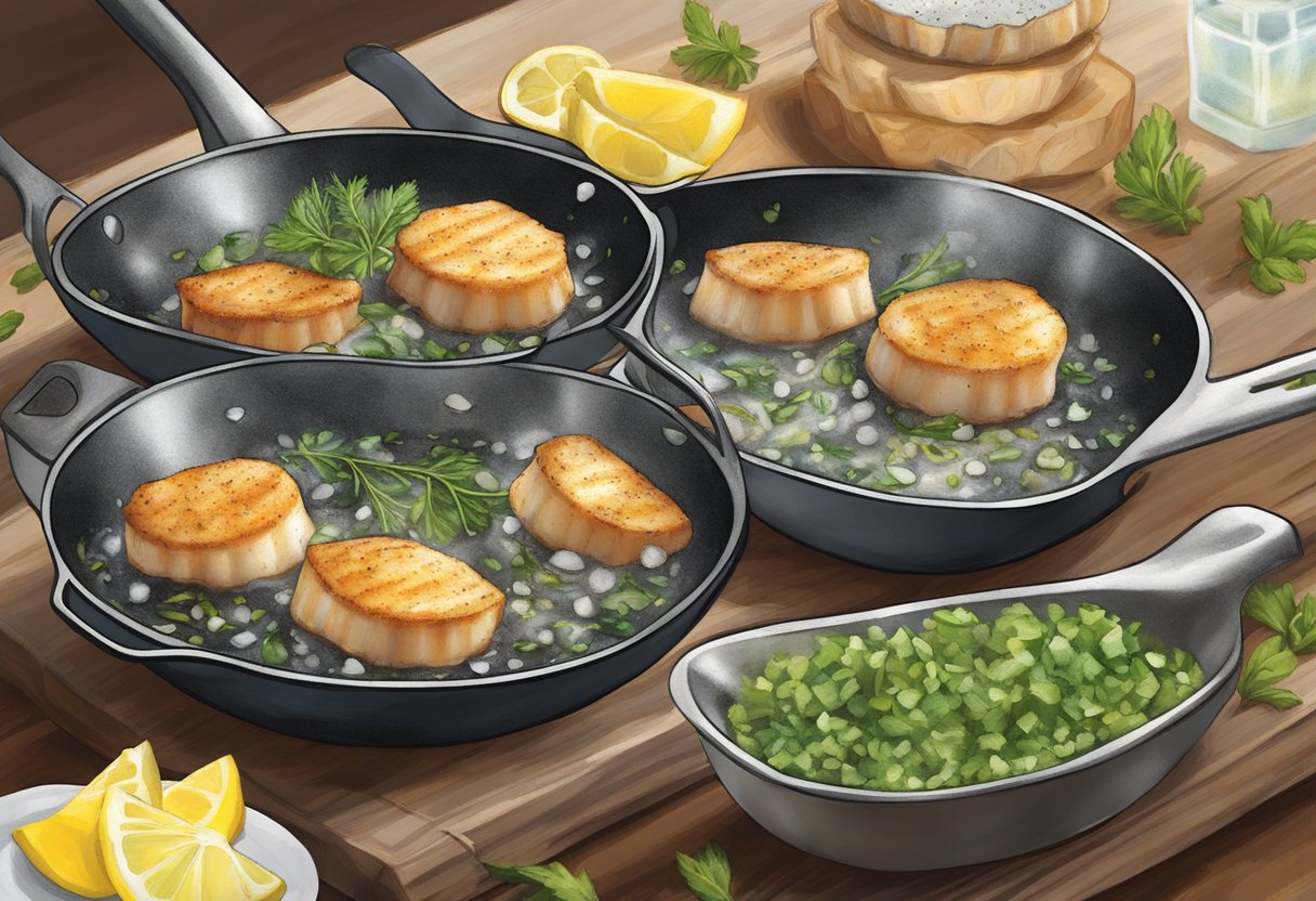 A skillet sizzles as frozen scallops sear, releasing a savory aroma. A sprinkle of herbs and a squeeze of lemon add a burst of flavor
