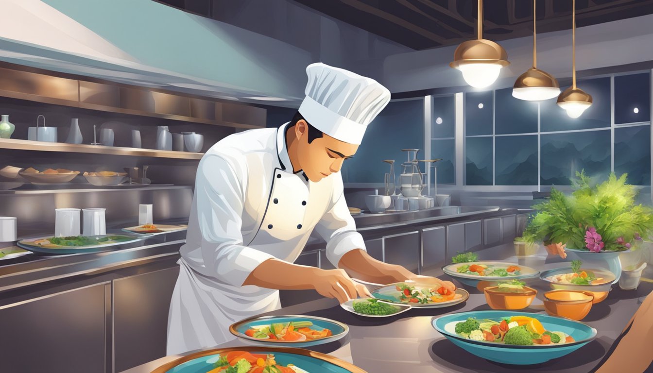 A table set with colorful dishes and elegant glassware at Cahaya restaurant. A chef preparing a signature dish in the open kitchen