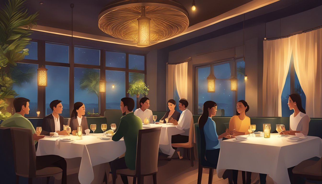 Diners enjoy a cozy, dimly lit atmosphere at Cahaya Restaurant, with soft ambient lighting and elegant table settings