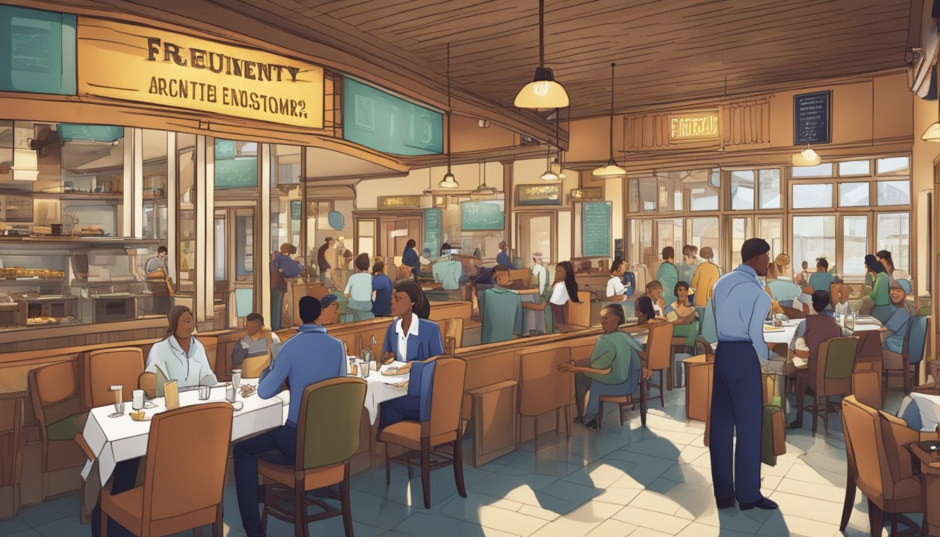 A bustling restaurant with customers dining, waitstaff serving, and a prominent "Frequently Asked Questions" sign at the entrance