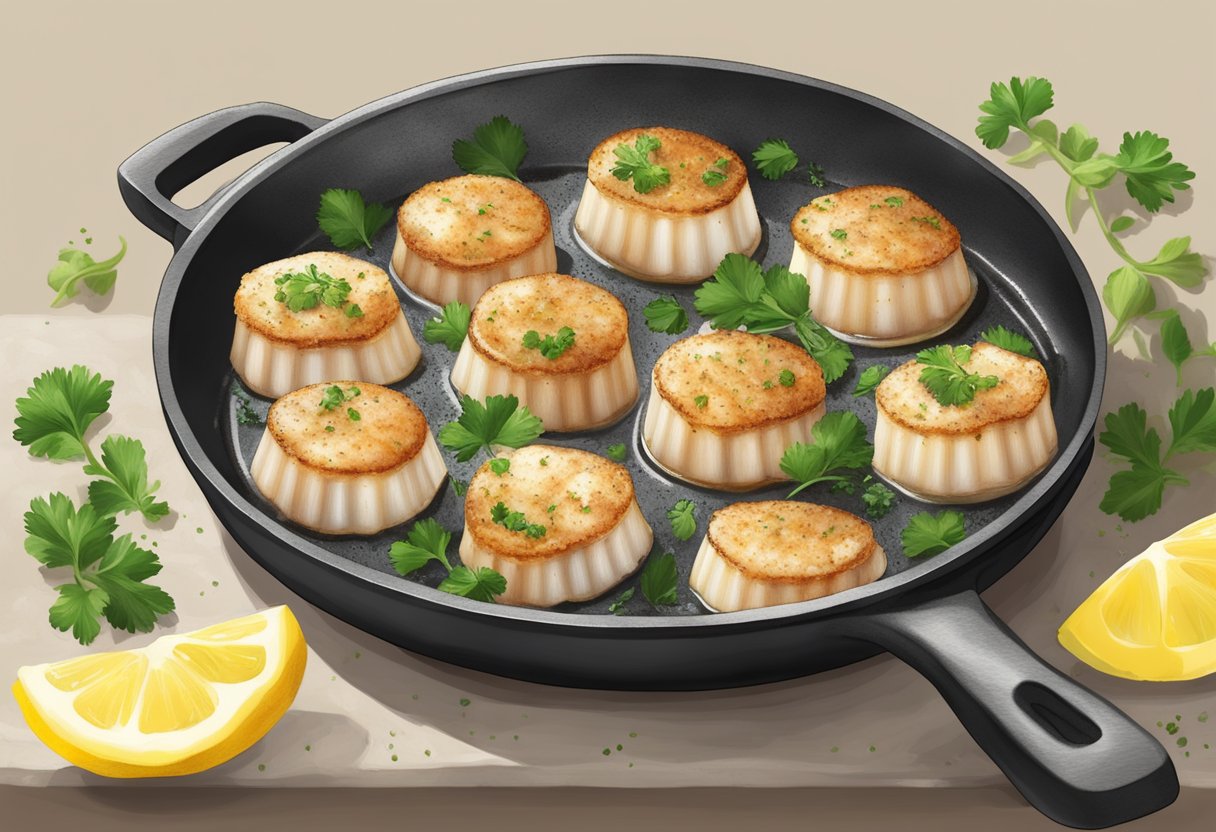 Scallops sizzle in a hot pan with melted butter, garlic, and herbs. Lemon slices and parsley garnish the golden-brown crust