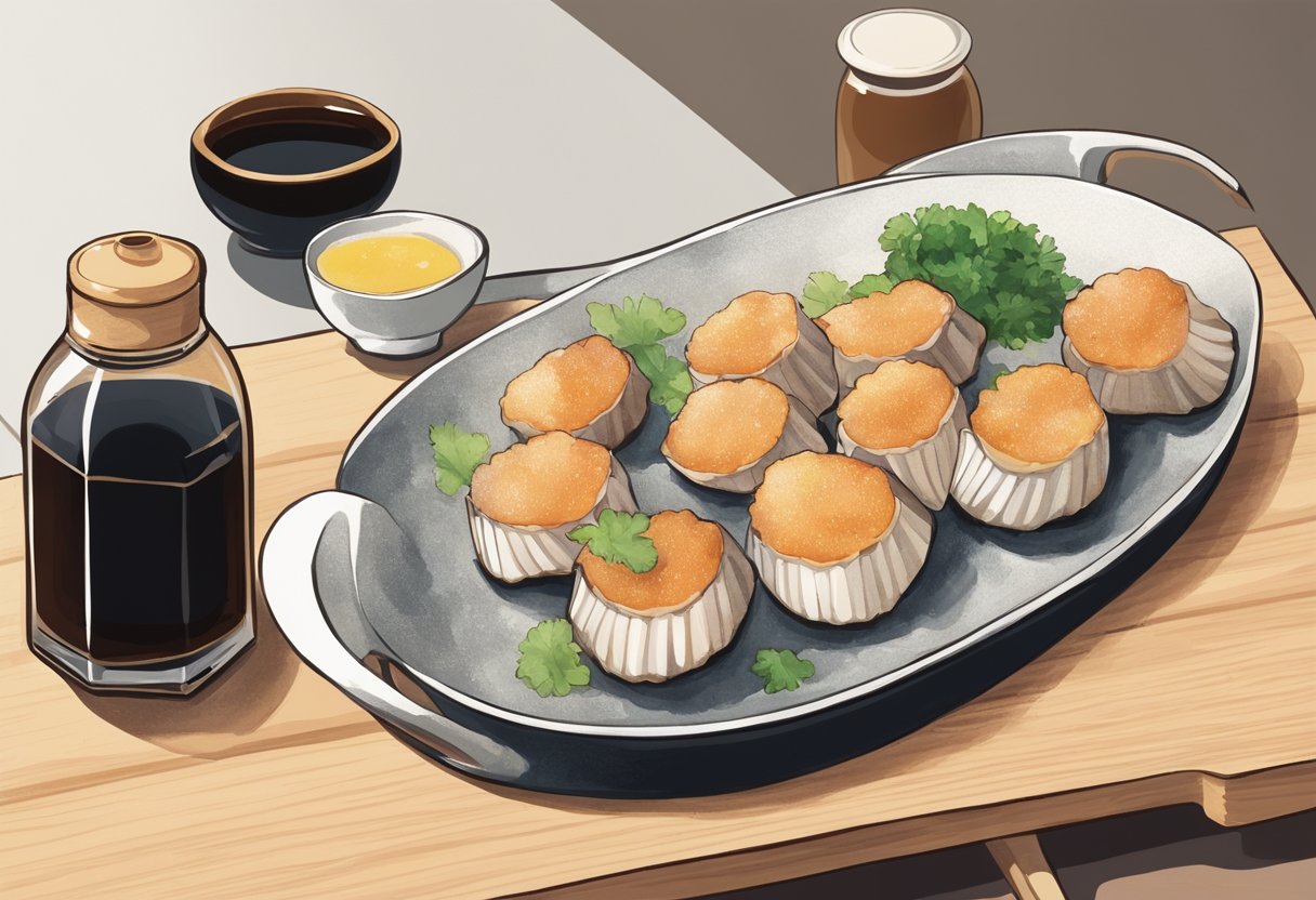 A pair of fresh Japanese scallops sits on a clean cutting board, surrounded by a bowl of soy sauce, a small dish of grated ginger, and a bottle of mirin