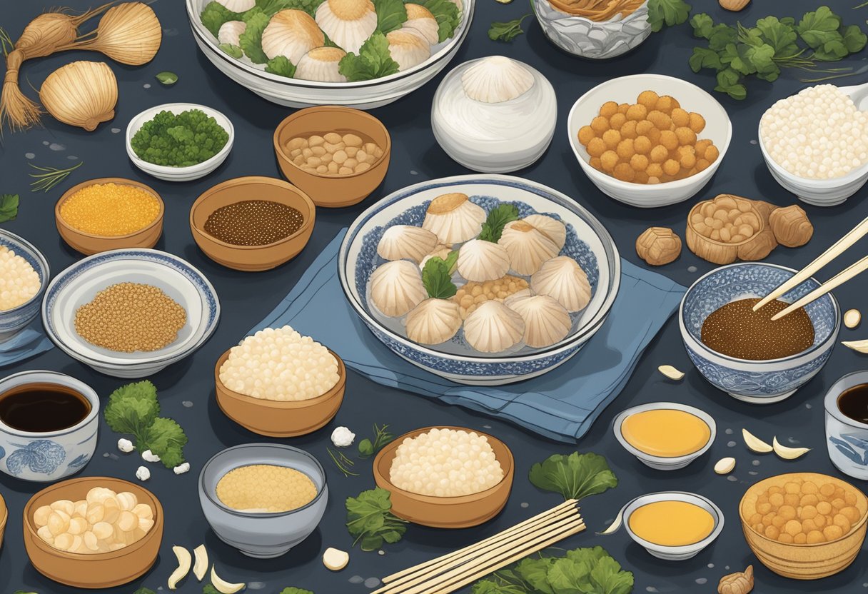 Japanese scallop recipe: A bowl of fresh scallops, surrounded by ingredients like soy sauce, ginger, and sesame seeds. Nutritional information and flavor enhancements are displayed on the side