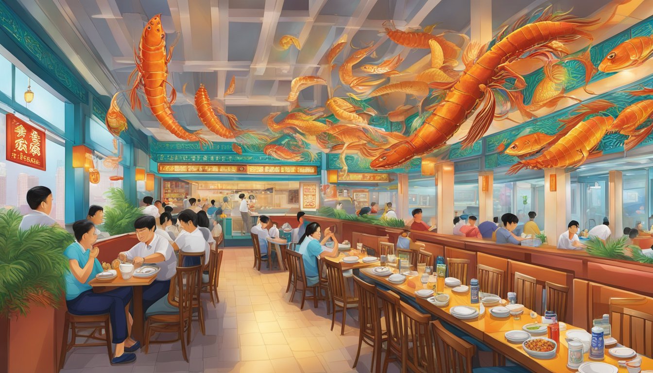 The bustling atmosphere of Lai Huat Seafood Restaurant, with its vibrant decor and aroma of sizzling seafood, set against a backdrop of bustling streets and colorful signage