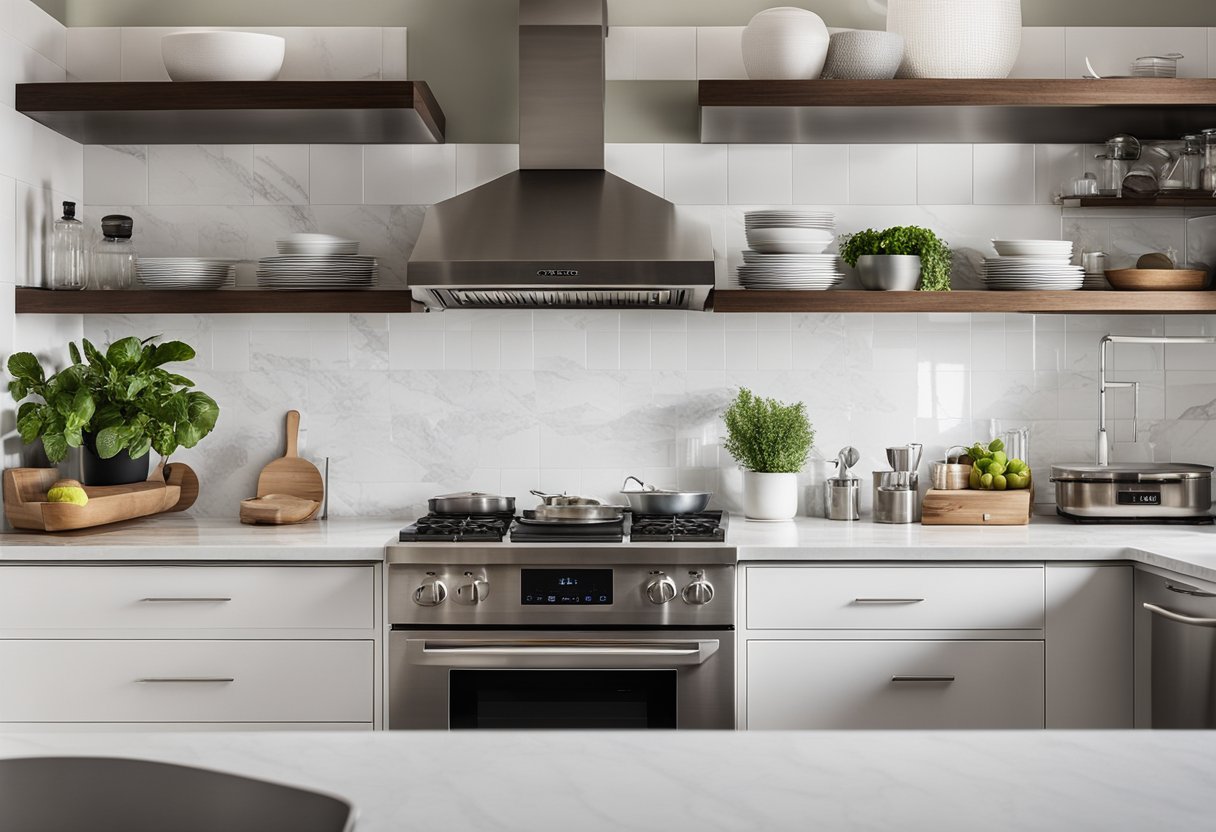 A modern kitchen with sleek, white cabinets, marble countertops, and stainless steel appliances. Open shelving and creative storage solutions maximize space