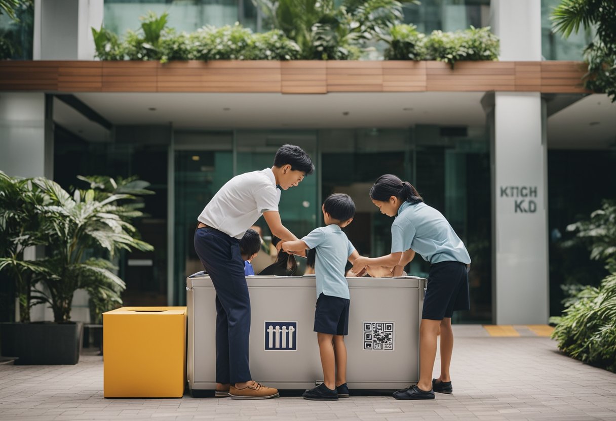 A family placing furniture items in a donation box outside a charity organization in Singapore