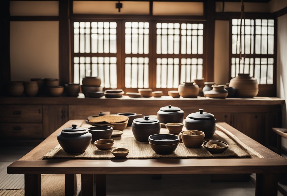 A traditional Korean kitchen with low wooden tables, clay pots, and a hanging brassware rack. The floor is covered with straw mats and a large window lets in natural light