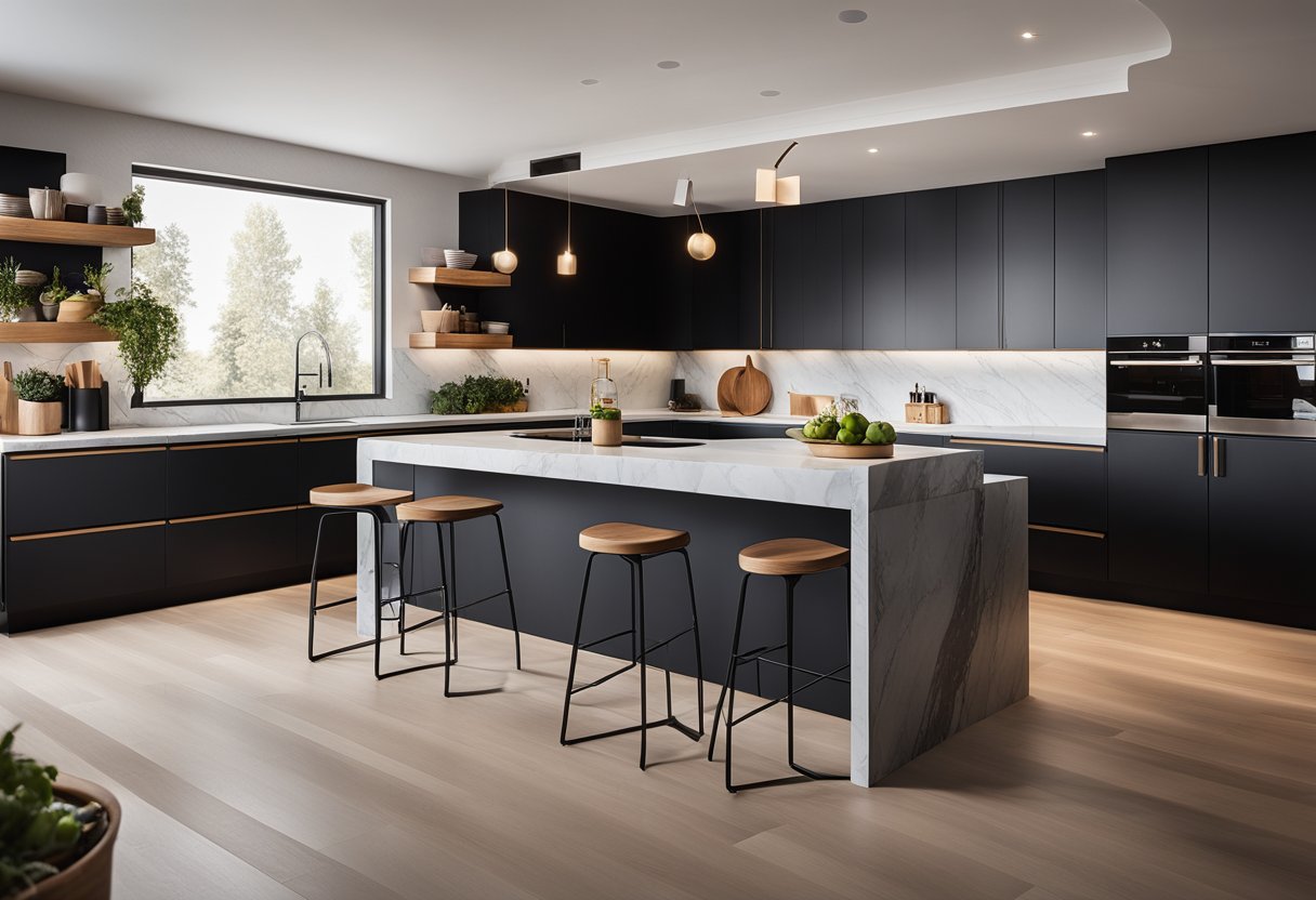 A modern kitchen with sleek, matte black cabinets and marble countertops. Warm wood accents and pops of vibrant color add visual interest