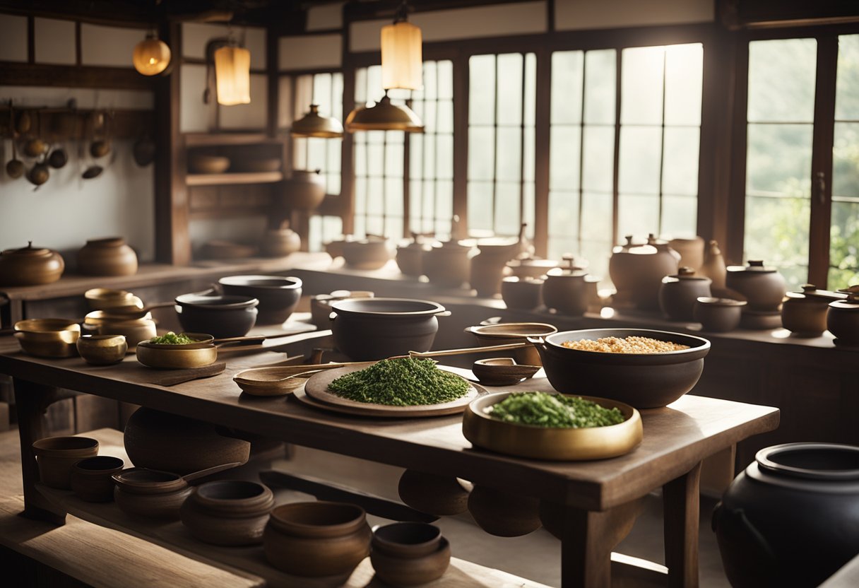 A traditional Korean kitchen with low wooden tables, clay pots, and hanging brass utensils. A large hearth in the center for cooking