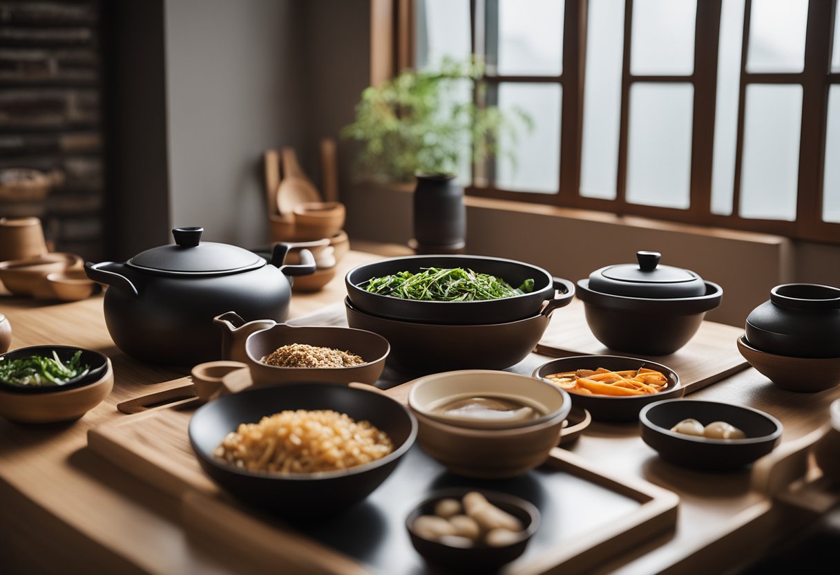 A modern kitchen with traditional Korean elements: low dining table, ondol heating, clay pots, and wooden utensils