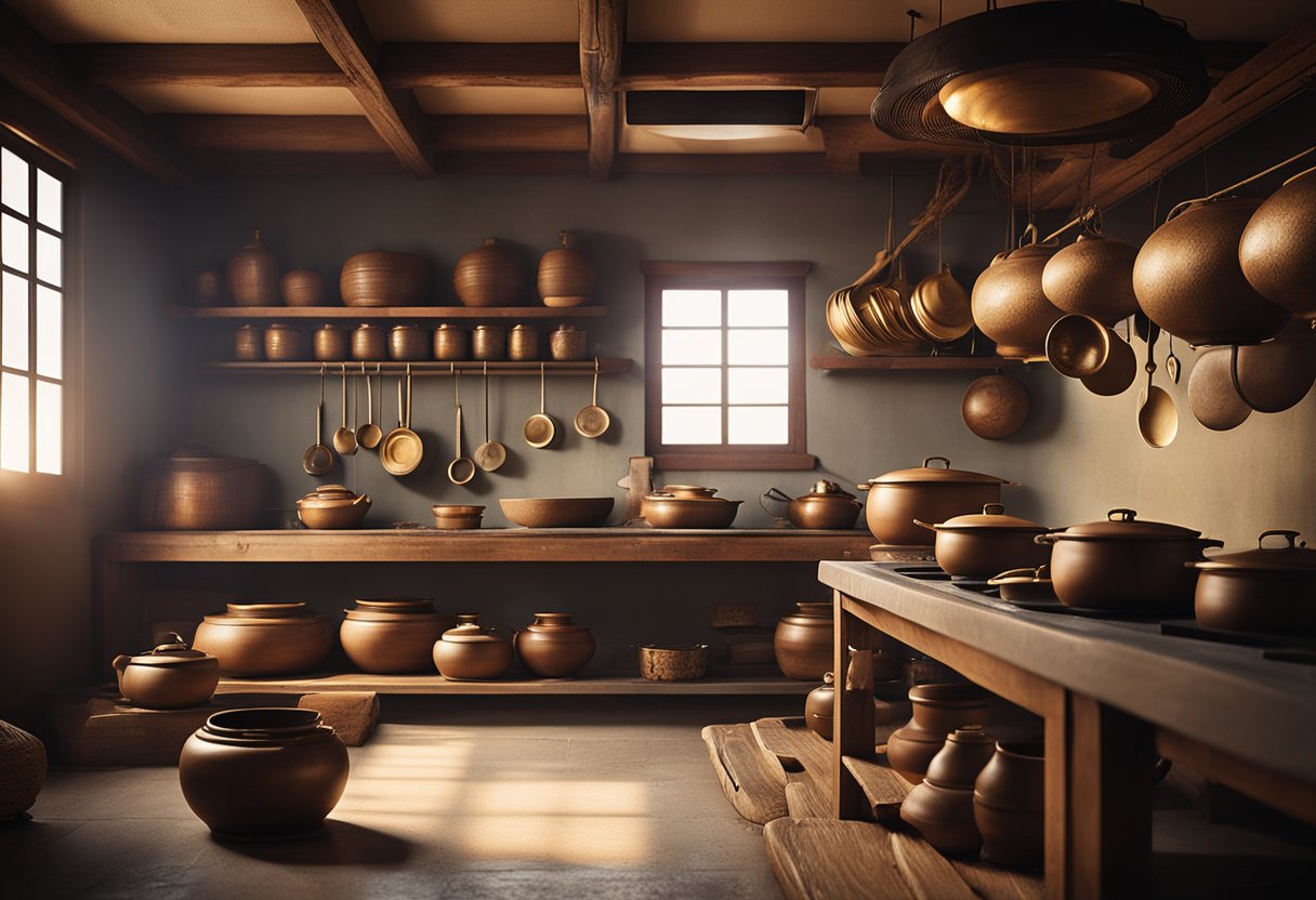 A traditional Korean kitchen with low wooden tables, clay pots, and hanging brass utensils. A large hearth in the center for cooking and a warm, cozy atmosphere