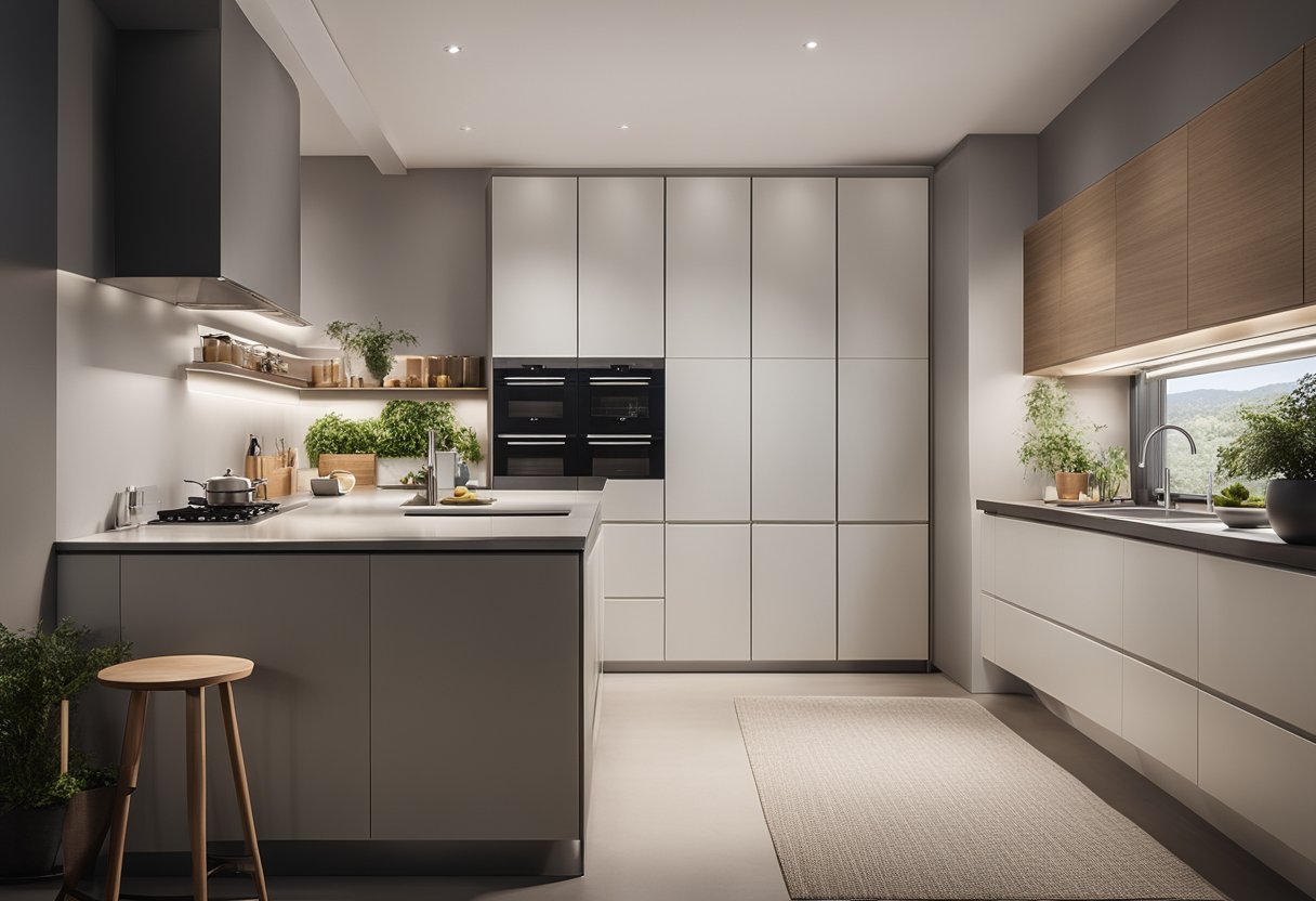 A sleek, modern kitchen with clean lines and efficient storage solutions. The cabinets are a mix of open shelving and closed storage, with integrated appliances for a seamless look