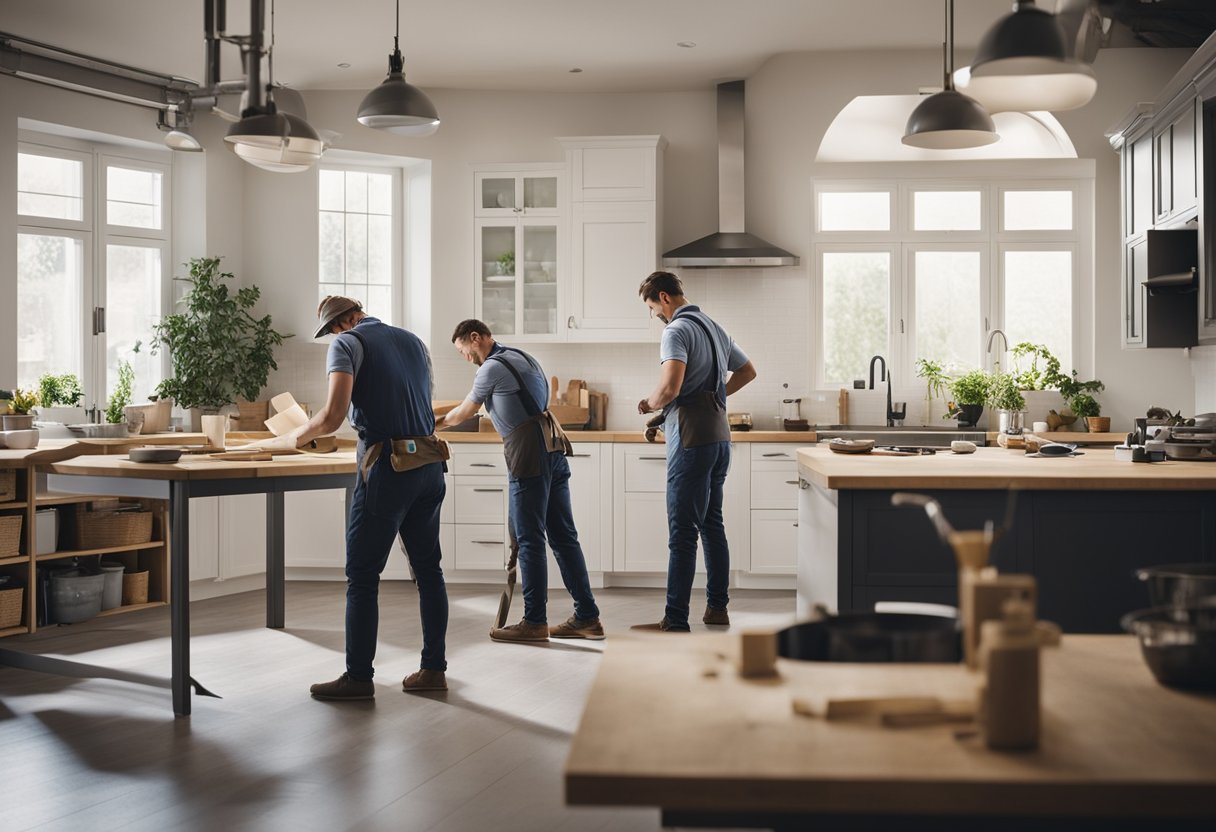 A team of professionals renovating a kitchen, with tools and materials scattered around. Bright lighting and a clean, organized workspace
