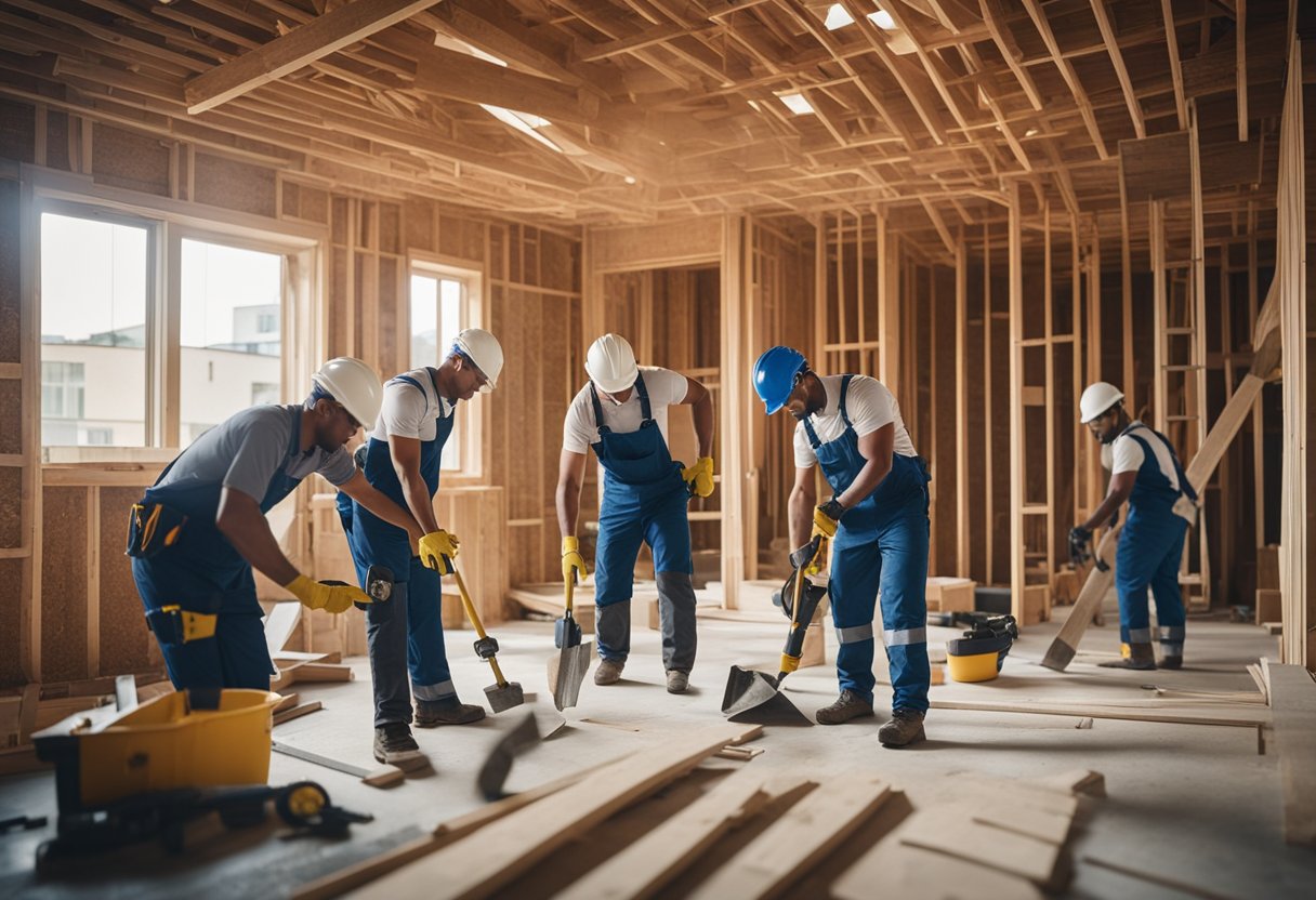 A team of construction workers diligently renovating a house, with tools and materials scattered around as they strive for excellence in their work