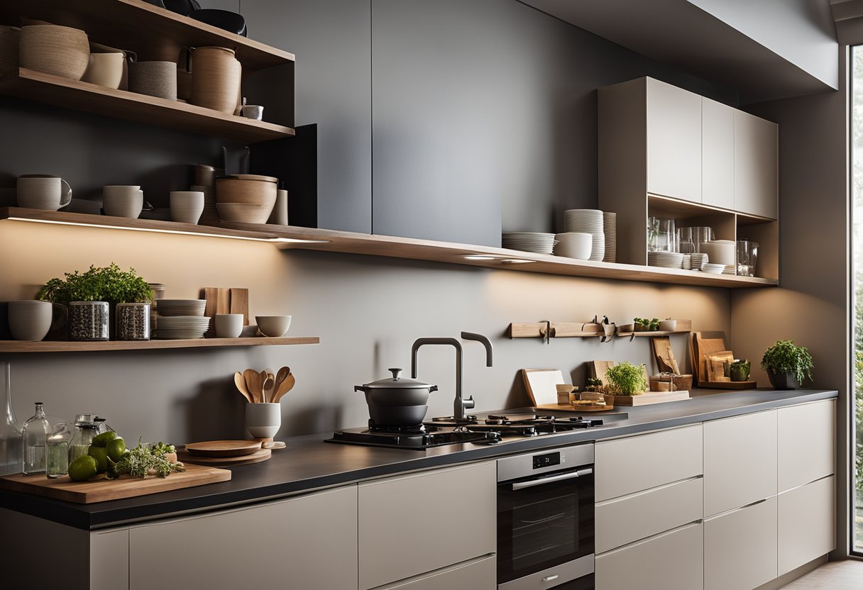 A modern kitchen with sleek, handle-less cabinets in various colors and finishes. Open shelves display decorative items and cookbooks. Natural light floods the space, creating a warm and inviting atmosphere