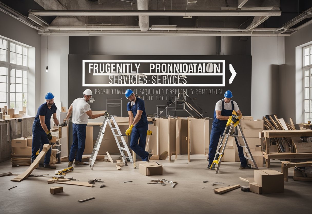 A team of professionals renovating a space, with tools and materials scattered around, while a sign reads "Frequently Asked Questions professional renovation services"