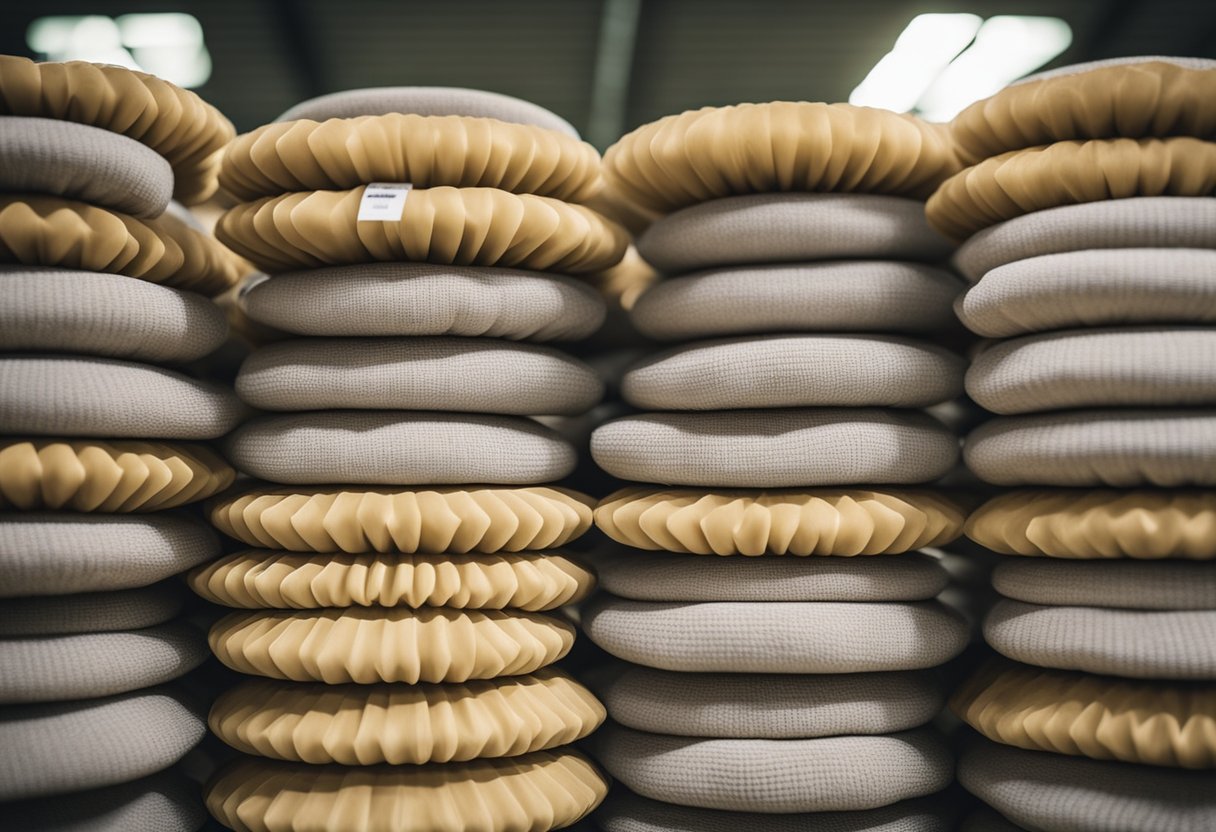 A stack of furniture pads in a warehouse, labeled "Singapore"