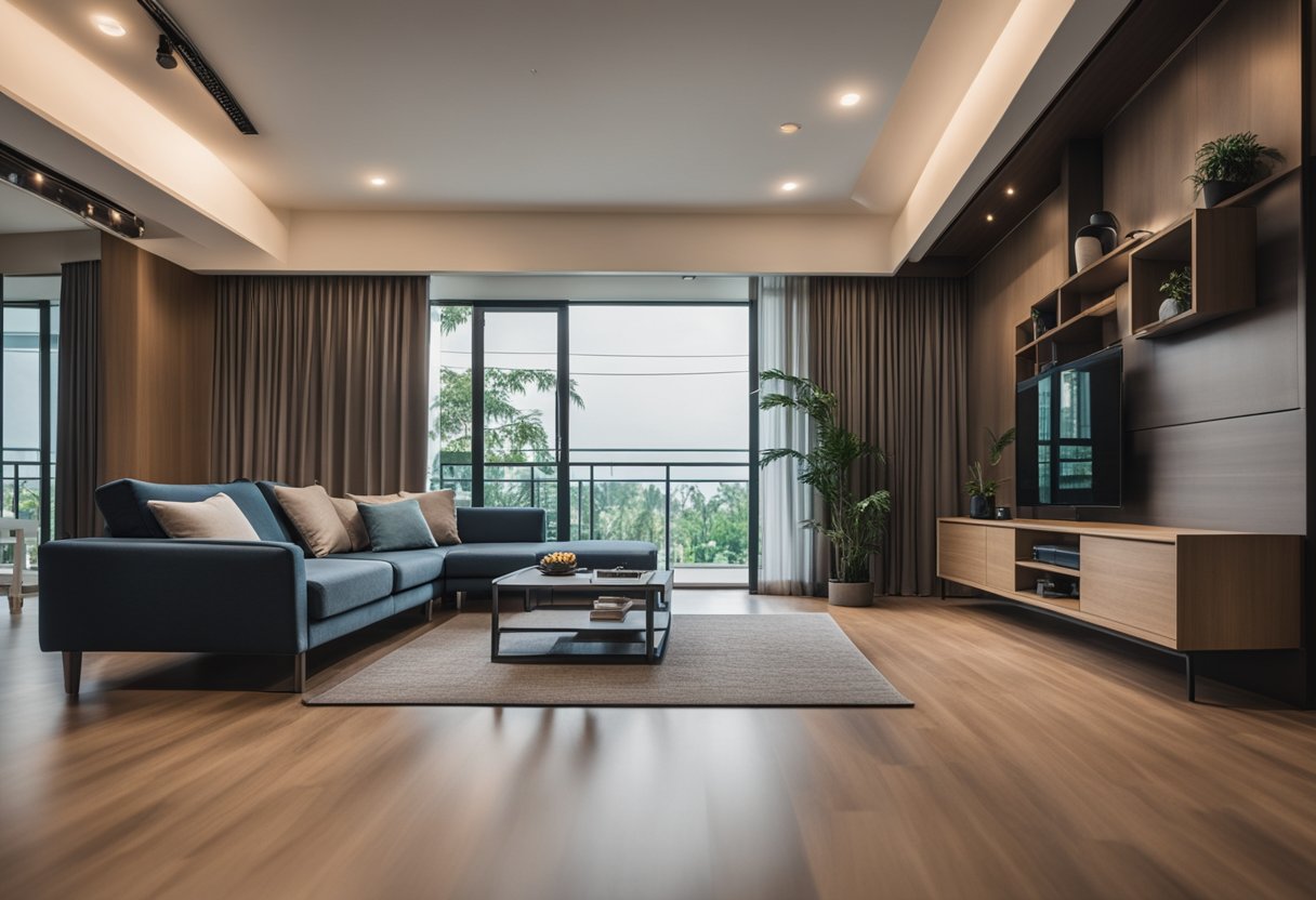 A living room with a wooden floor and a set of furniture with protective pads underneath in a modern Singaporean home