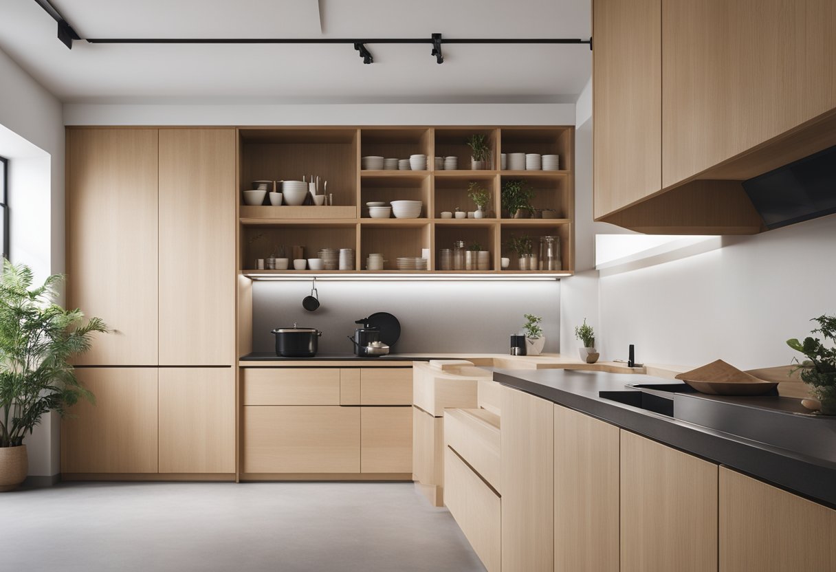 A minimalist Muji kitchen with clean lines, natural materials, and efficient storage