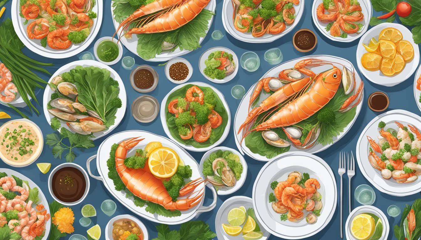 A table set with a variety of fresh seafood dishes, garnished with colorful vegetables and herbs, displayed on elegant serving platters at Ong Shun Seafood Restaurant