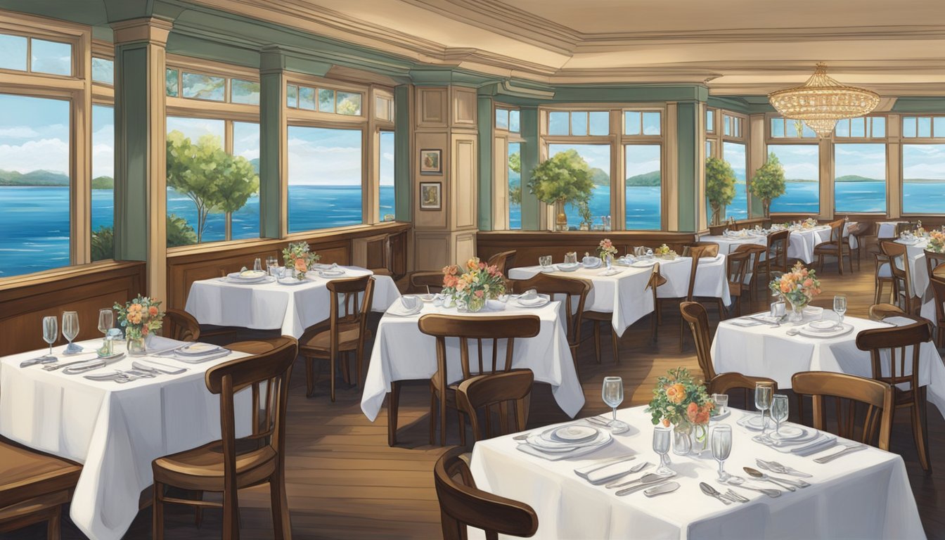 The bustling seafood restaurant buzzes with impeccable service and a lively atmosphere. Tables are adorned with crisp linens and sparkling glassware, while the aroma of fresh seafood fills the air