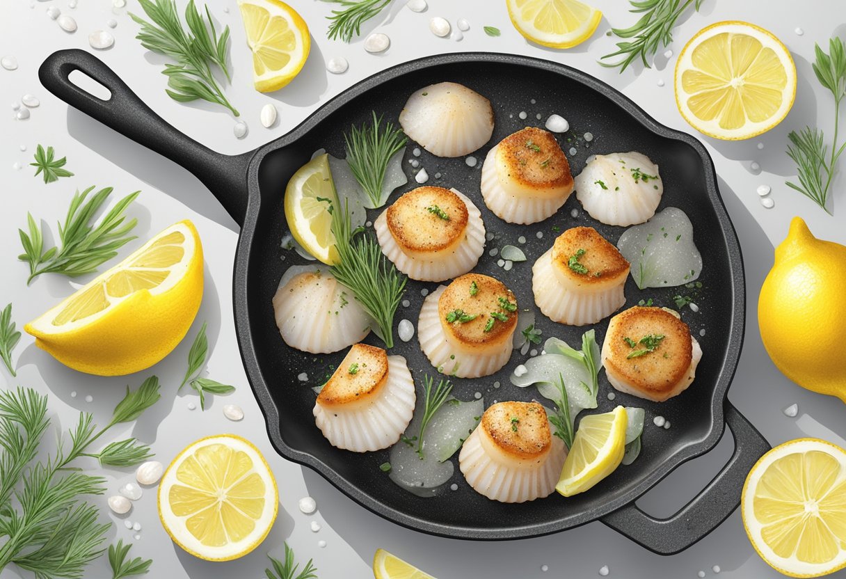 Scallops sizzling in a hot pan with butter, garlic, and herbs, surrounded by lemon wedges and a sprinkle of sea salt