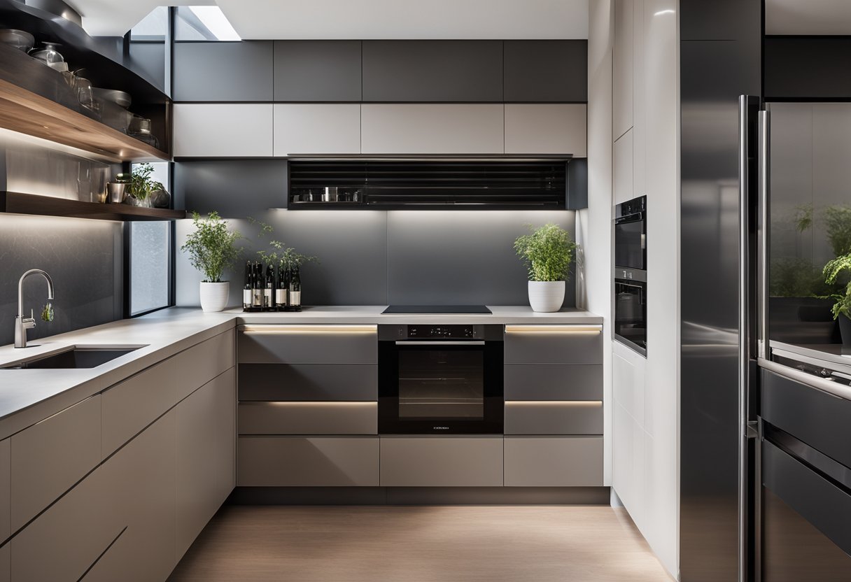 The wet and dry kitchen features sleek, modern cabinetry and countertops, with a seamless transition between the two spaces. The use of natural light and integrated lighting enhances the overall aesthetic and experience