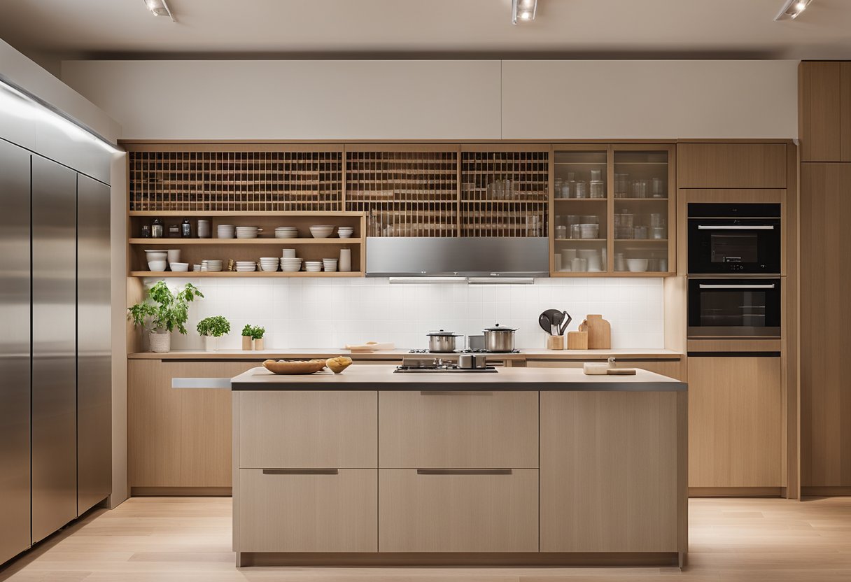The Muji kitchen features clean lines, minimalistic design, and functional elements such as sleek countertops, organized storage solutions, and efficient appliances
