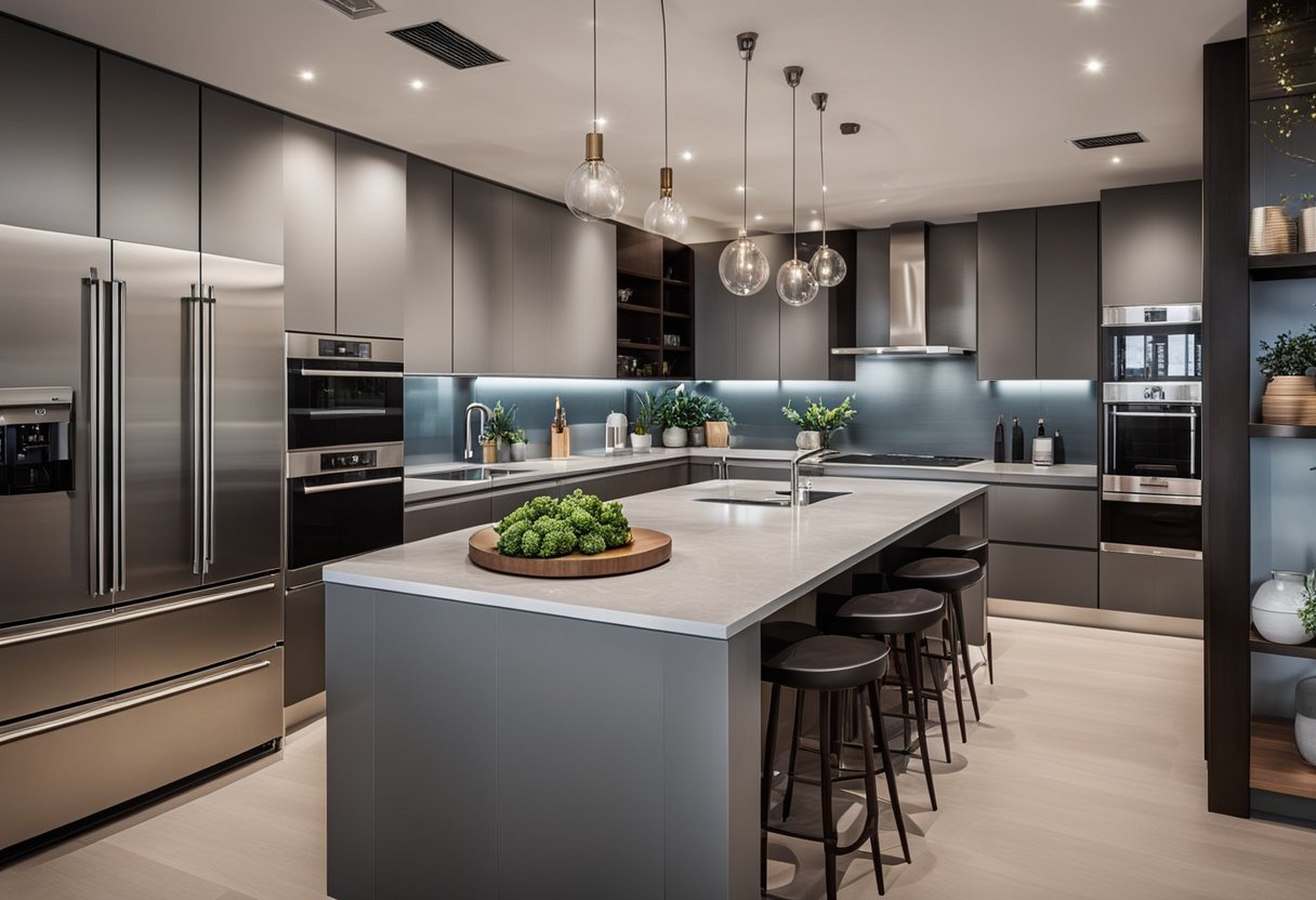 A modern wet and dry kitchen with sleek cabinets, stainless steel appliances, and a spacious island for food preparation
