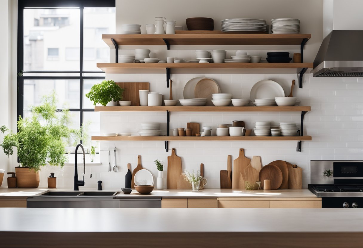 A clean, minimalist kitchen with Muji design elements. Shelves and cabinets neatly organized with simple, functional kitchenware. Bright, natural light streaming in through large windows