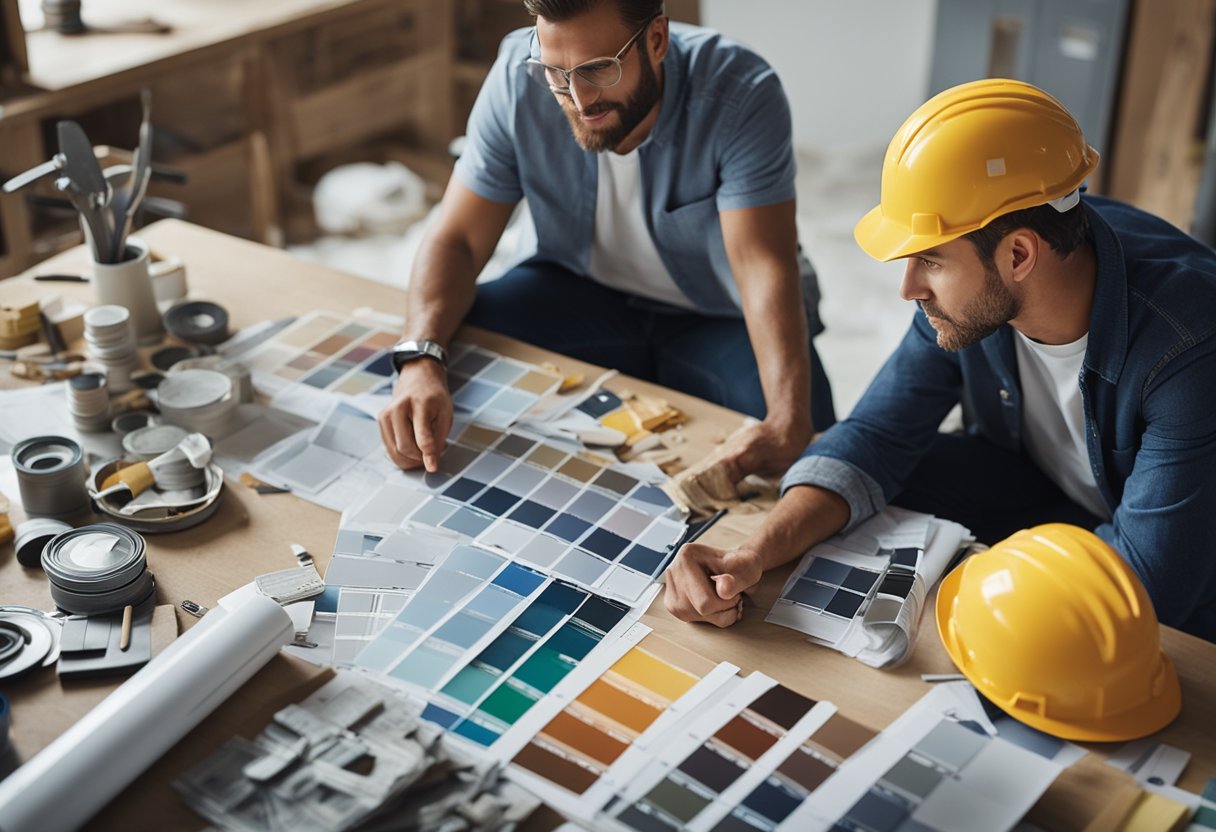 A couple sits at a table covered in renovation plans, paint swatches, and home improvement magazines. They are deep in discussion, surrounded by tools and measuring tapes, as they plan their first home renovation project