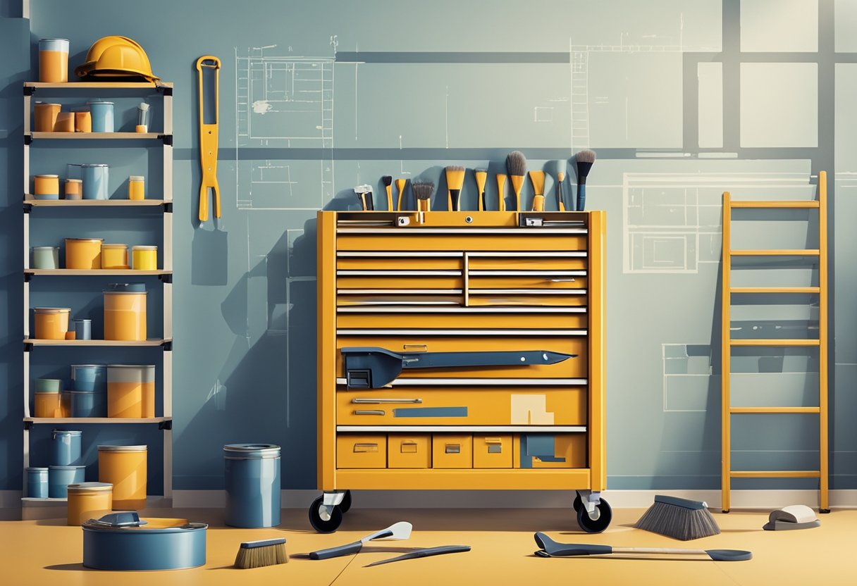 A toolbox sits open on the floor, surrounded by paint cans and brushes. A ladder leans against the wall, ready for use. Blueprints and renovation plans are spread out on a nearby table