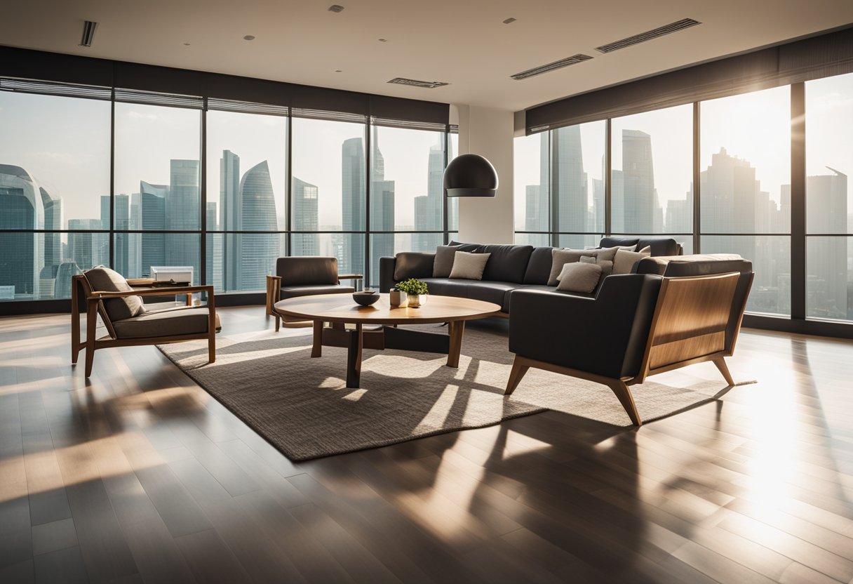 A spacious room with sleek, modern hardwood furniture in Singapore. Sunlight streams through large windows, casting warm, inviting shadows