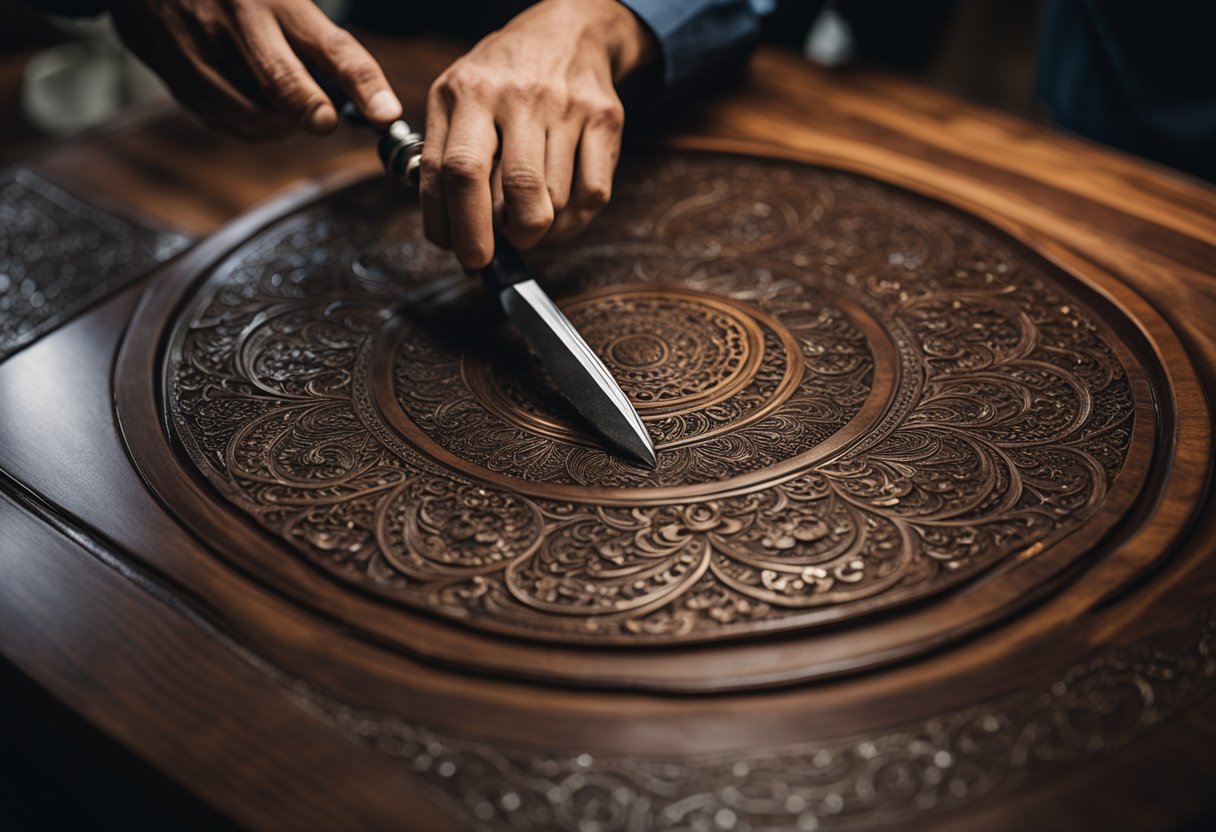 A master craftsman meticulously carves intricate designs into a rich, dark hardwood table, showcasing the exquisite craftsmanship of Singaporean furniture