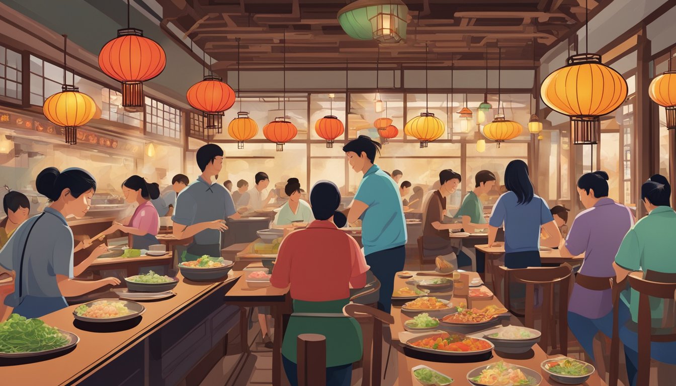 Busy po restaurant with steaming bowls, chopsticks, and colorful lanterns. Customers chatting, servers rushing, and the aroma of delicious food filling the air