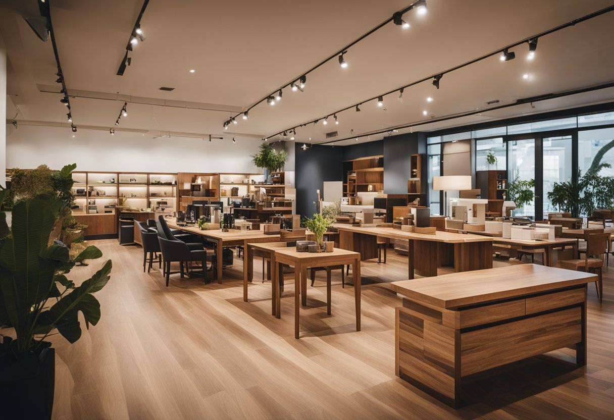 A showroom filled with high-quality hardwood furniture, with customers browsing and staff assisting
