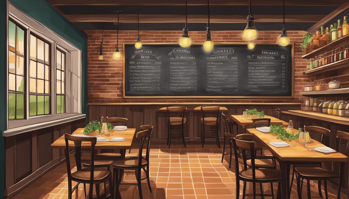 A cozy Italian restaurant with checkered tablecloths, hanging string lights, and a brick oven in the corner. A chalkboard menu lists pasta and wine