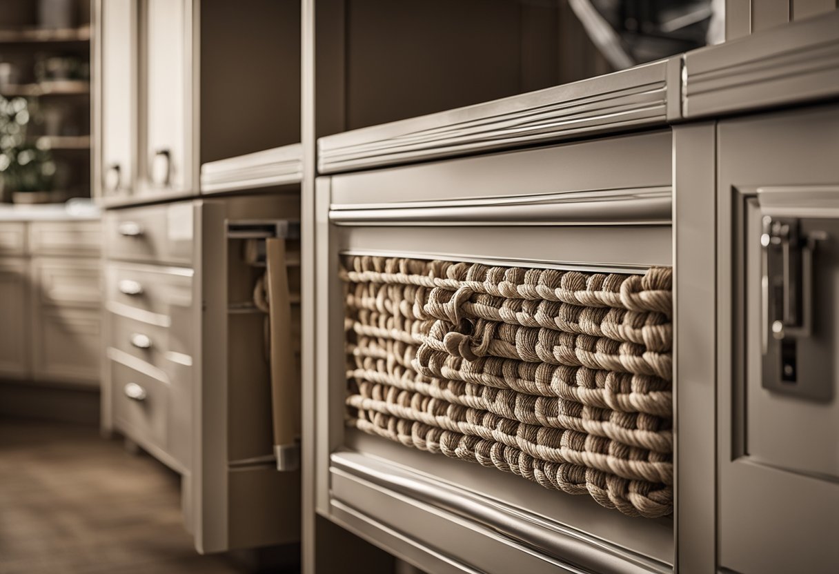 The kitchen cabinets with rope design are neatly arranged with labeled compartments. The intricate rope pattern is visible on the cabinet doors and handles