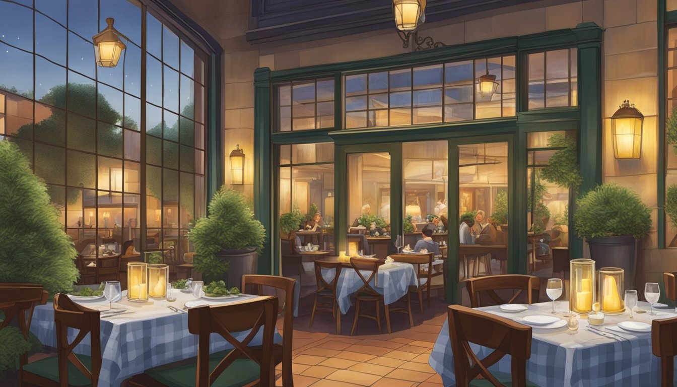 Customers entering Rosmarino restaurant, greeted by the aroma of fresh herbs and sizzling Italian cuisine. Tables set with checkered cloths and flickering candlelight create a cozy and inviting atmosphere