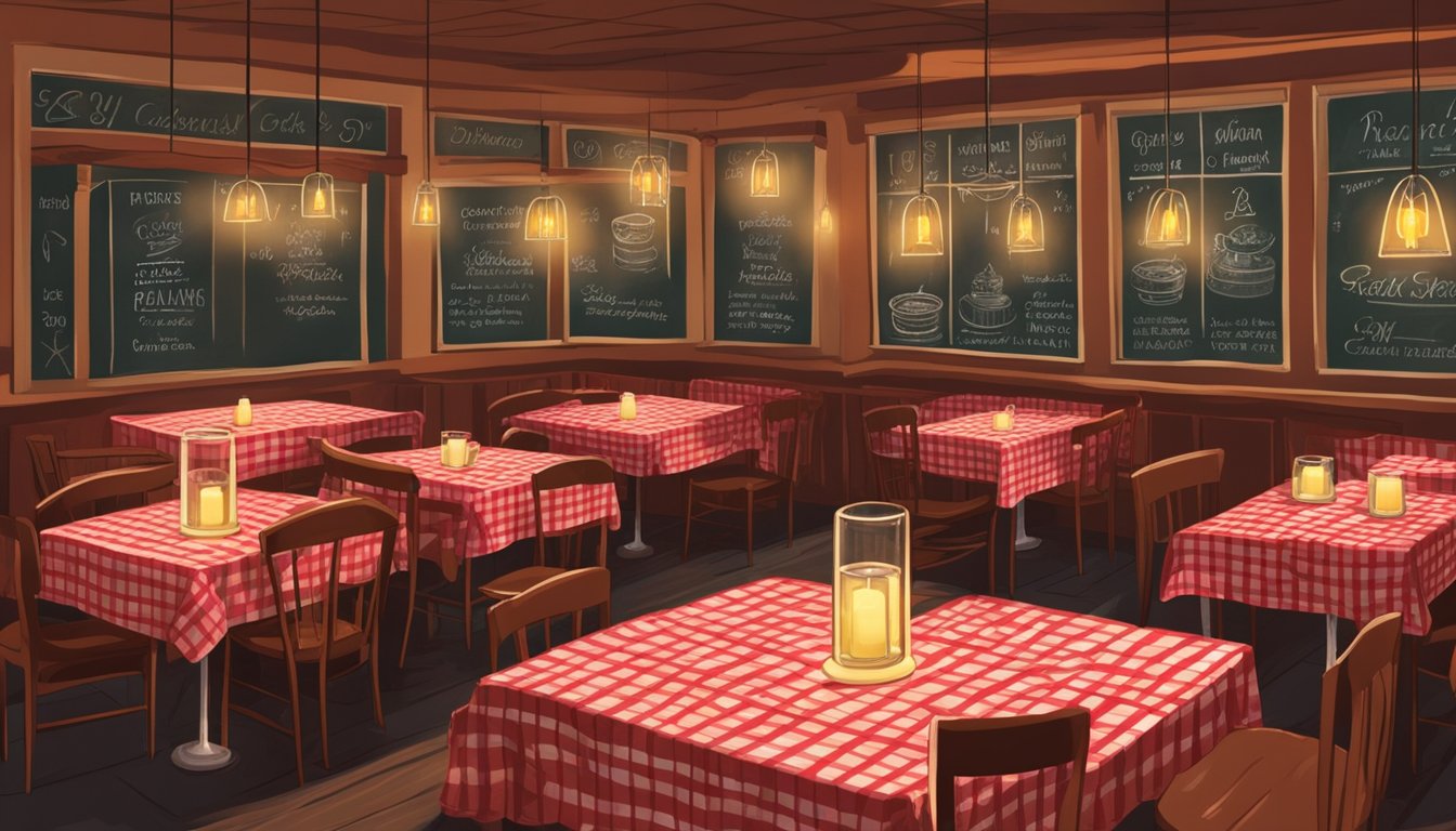 A cozy Italian restaurant with rustic decor, dim lighting, and a welcoming atmosphere. Tables are set with red checkered tablecloths and flickering candles. A chalkboard displays the day's specials