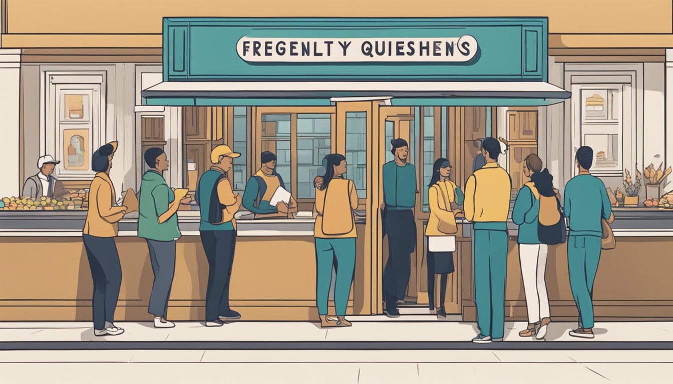 Customers lining up at the entrance of a busy restaurant, with a sign that reads "Frequently Asked Questions" above the hostess stand