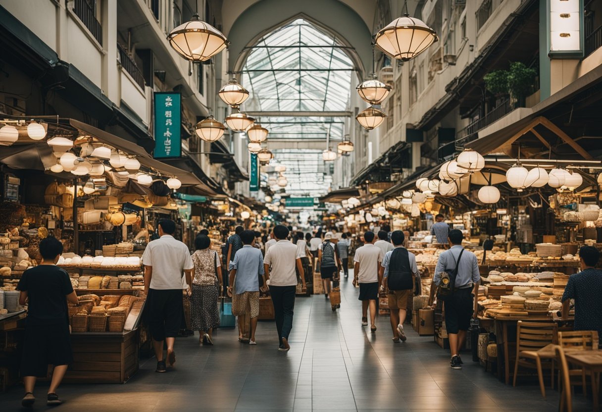 A bustling market in Singapore, filled with second-hand hotel furniture. Shoppers browse through tables, chairs, and lamps, searching for unique treasures