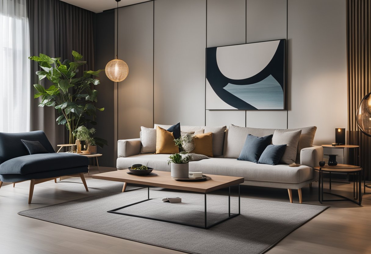 A modern living room with sleek, minimalist furniture from Hive in Singapore. Clean lines, neutral colors, and a cozy atmosphere