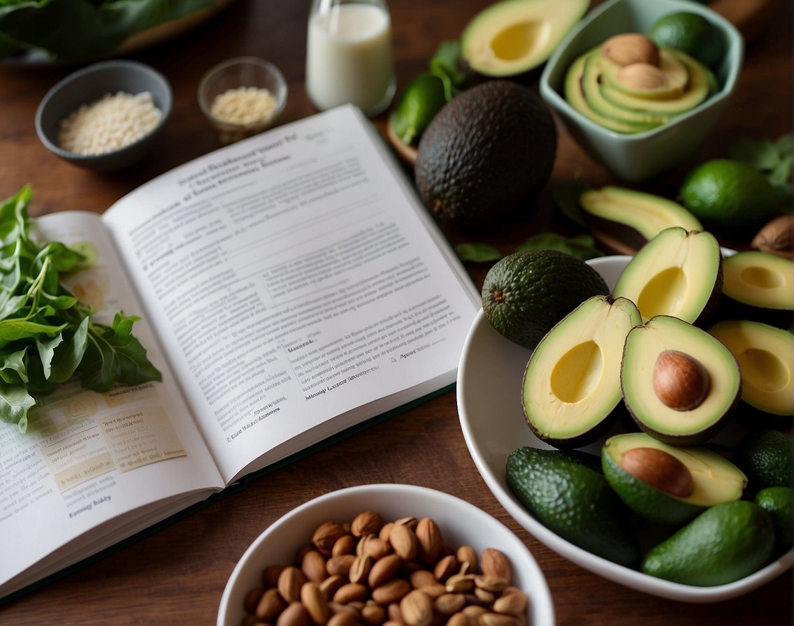 A kitchen counter with keto-friendly foods and ingredients, such as avocados, nuts, leafy greens, and lean meats, alongside a ketogenic diet book