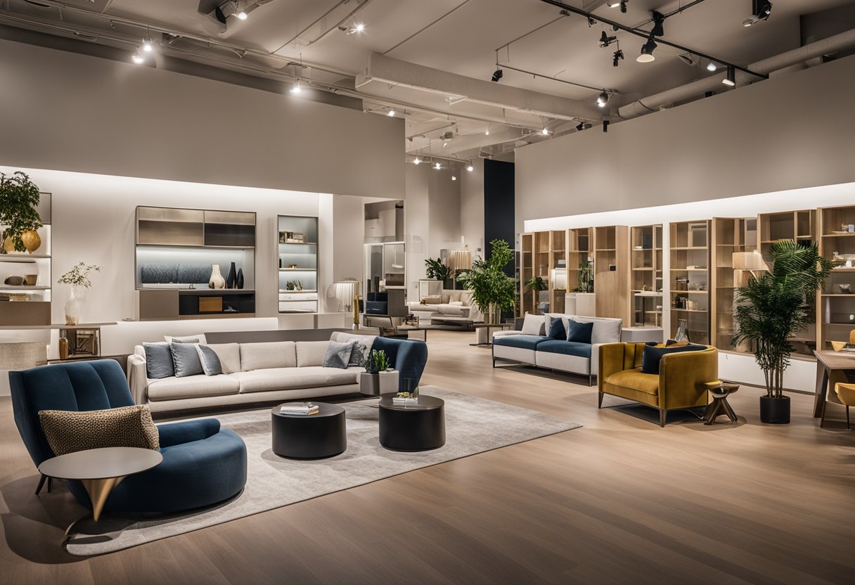 A spacious showroom displays various modern furniture pieces in V.Hive's extensive collection, showcasing sleek designs and high-quality materials