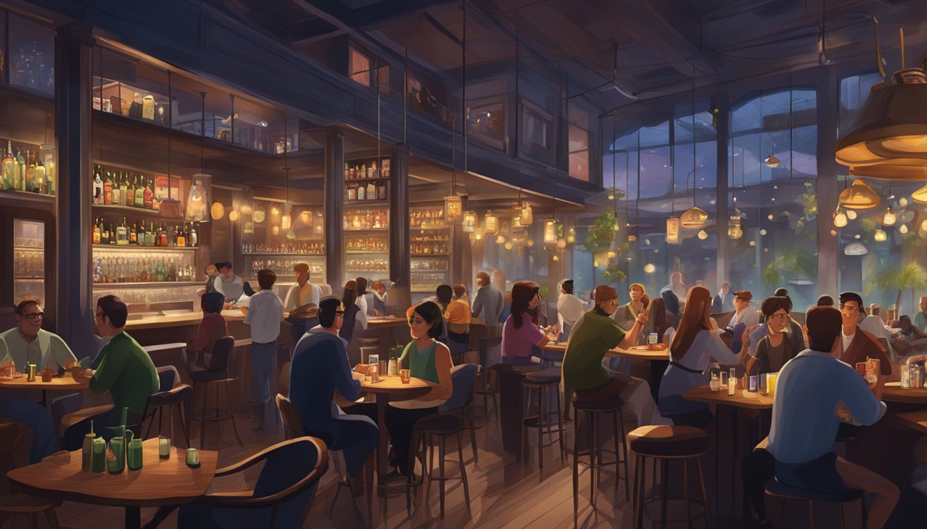 A bustling bar & restaurant in district 10, with dim lighting, high tables, and a lively atmosphere. Glasses clink and chatter fills the air as patrons enjoy drinks and food