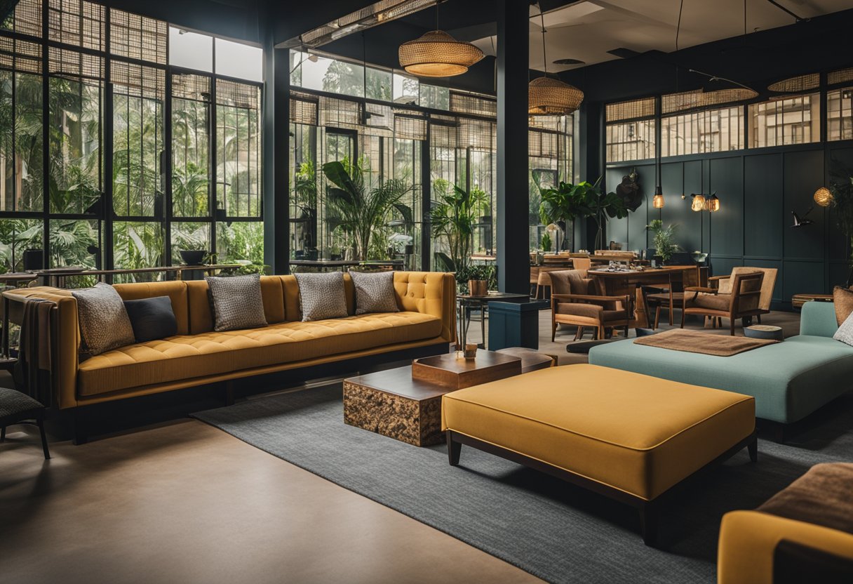 A room filled with upcycled and diverse second-hand hotel furniture in Singapore. The furniture includes a mix of sustainable materials and eclectic designs