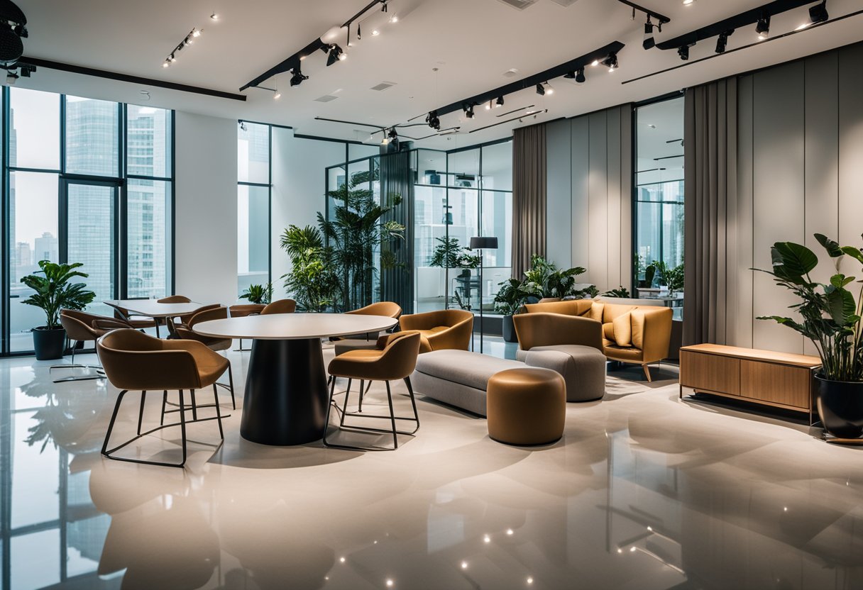 A modern showroom displaying various furniture pieces in Singapore. Brightly lit with clean lines and sleek designs